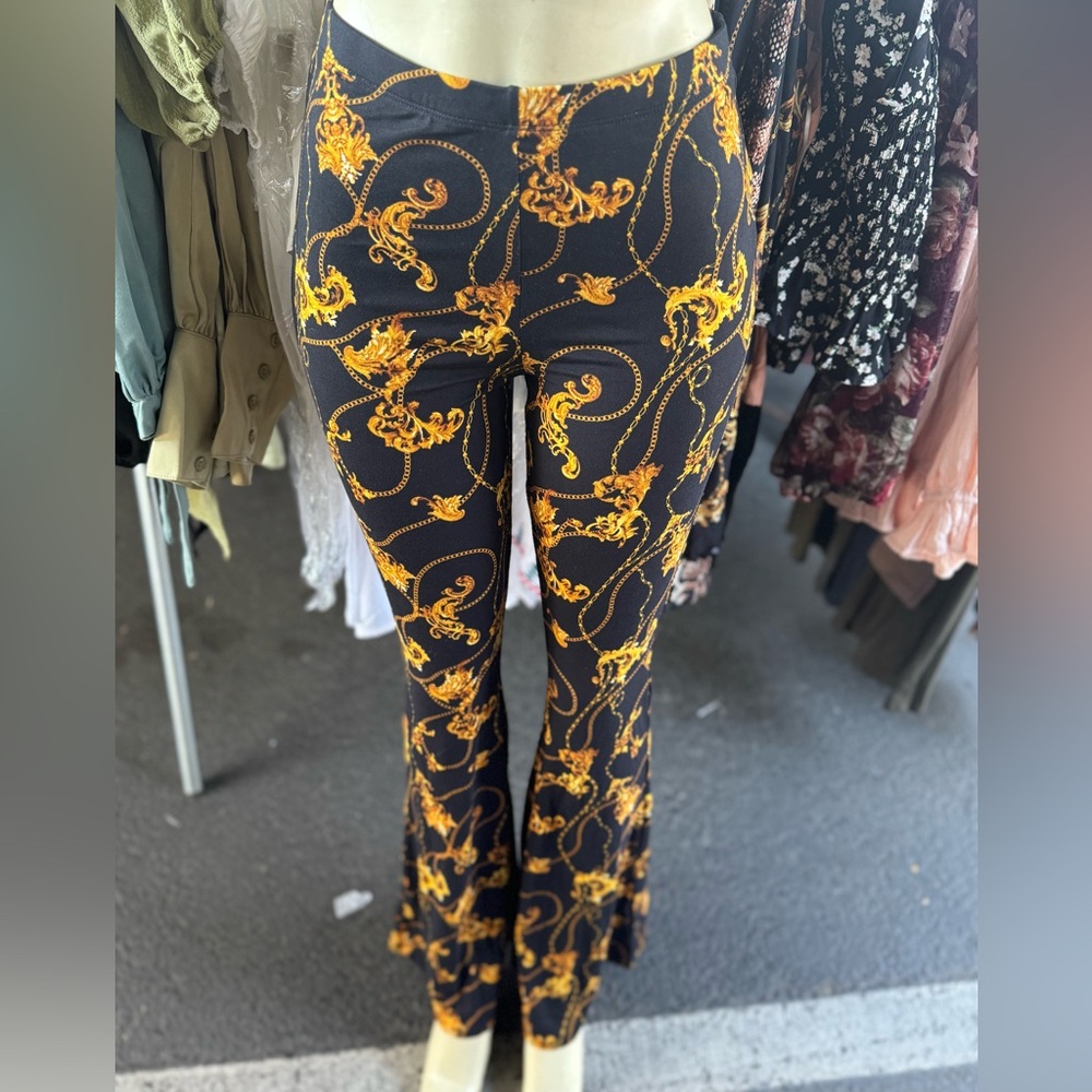 Women’s soft yoga bell bottom pants with Filagree- black gold by bear Dance